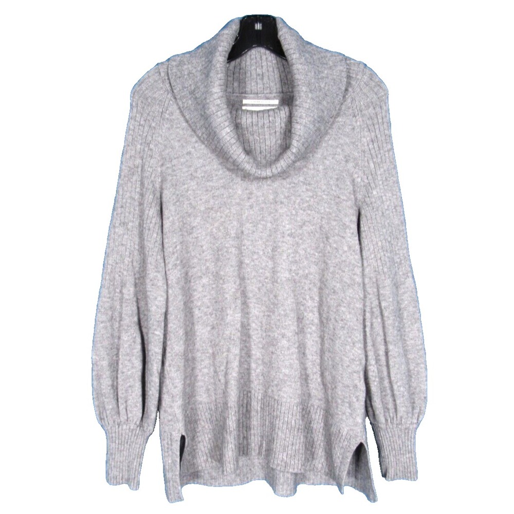 ANTHROPOLOGIE Gray MID-WEIGHT KNIT Cowl Neck BALLOON SLEEVE Slit Hem SWEATER S